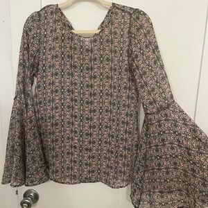 Mimi Chica Dark Grey and Pink Patterned Bell Sleeve Blouse